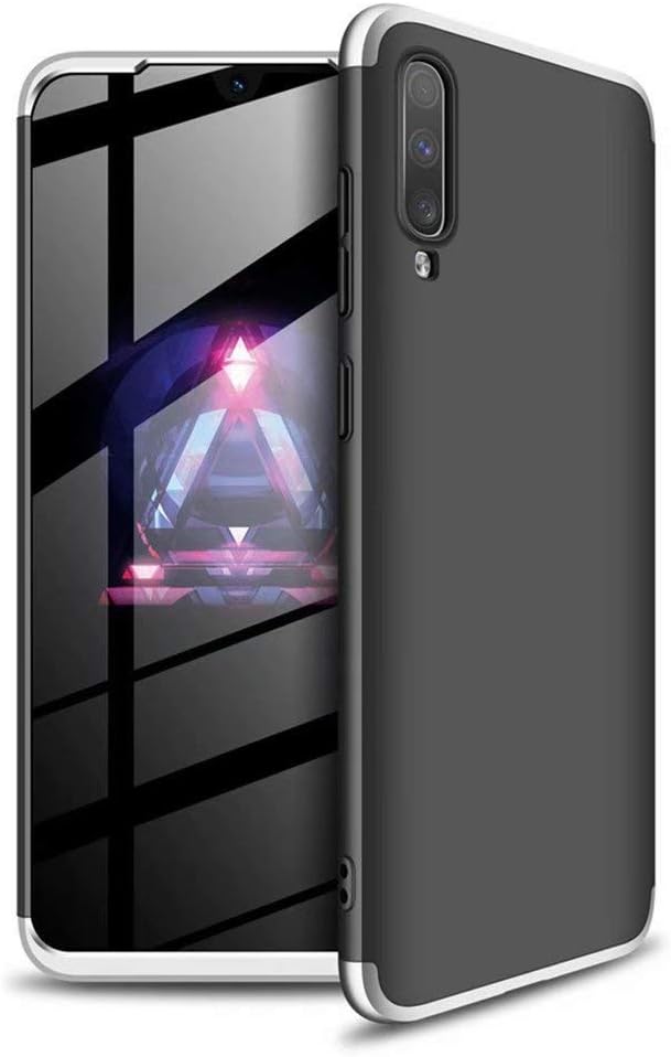 Ttimao Compatible with Samsung Galaxy A50 Case PC Hard Case [Tempered Glass Screen Protector] Ultra-Thin Shockproof 360 ° Bumper Cover 3-in-1 Protective Cover (Silver Black)