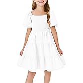 Batermoon Girls Boho Square Neck Puff Sleeve Off Shoulder Smocked Tiered Casual A Line Short Mini Dress