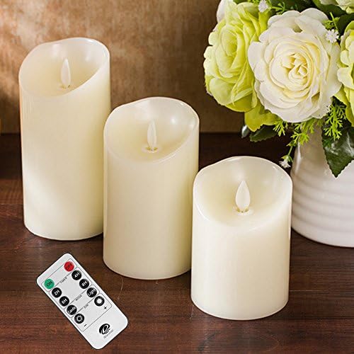 Haoran Ivory Real Wax Pillars Votive Candles Battery Operated LED Lighted Realistic Flickering Flameless Candles Set with 10-Key Remote Timer, Set of 3, Amber Yellow Timer and Dimmer Options