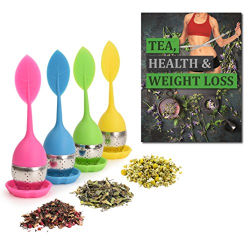 Archer Silicone Tea Infusers for Loose Tea - Set of 4 Loose Leaf Tea Infuser with Drip Tray - Long Handle Stainless Steel Tea Strainer Diffuser - Weight Loss and Flat Tummy Loose Tea Steeper