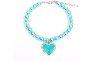 XKSRWE Dog Cat Pearls Necklace Collar with Rhinestones Heart Charm Pendant Pet Puppy Jewelry (Small, Blue)