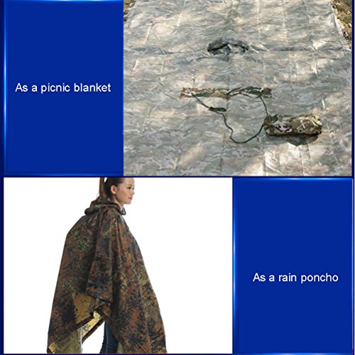 Camouflage Poncho Ripstop Raincoat Sun Shelter Ground Sheet Hood with Breathable Holes for Outdoor Camping Hunting Hiking,79"X58"