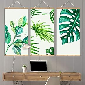 3 Panel Hanging Poster with Wood Frames - Watercolor Style Tropical Leaves - Ready to Hang Decorative Wall Art - 18"x36" x 3 Panels