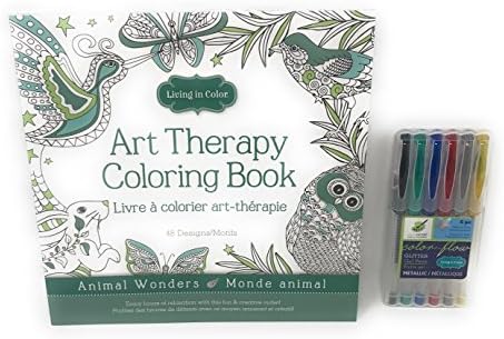 Living In Color Art Therapy Coloring Book 48 Designs 9.8in x 9.8in, a creative outlet for hours of fun and calming mindfulness, Animal Wonders and Color-Flow Glitter Metallic Gel Pens