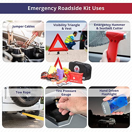 Roadside Assistance Emergency Car Kit First Aid Kit, Jumper Cables, Tow Strap, led Flash Light