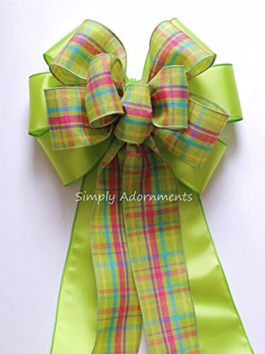 Green Pink Plaid Bow Easter Plaid Wreath Bow Green Spring Tartan Wreath bow Shower Party Decor Spring Door Hanger Bow Easter Gift Basket Bow