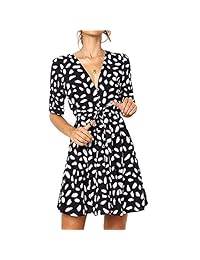 Sexyrula - Vestido de mujer con estampado floral, con botones y cuello en V, con cordones, cintura corta, manga corta