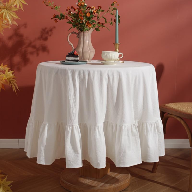 Photo 1 of HAIRUO Cotton Linen Table Cloths Retro Farmhouse Heavy Fabric Table Cover Pink White Washable Table Top for Parties Coffee Kitchen Picnic Round Table Cloth (White,Round, 60")