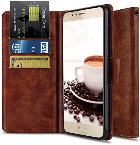 OTOONE Wallet Stand Case for Huawei Honor 8 with Genuine PU Leather Flip Cover and Card Slot Holder Design for Huawei Honor 8 5.2 Inch 2016 (Bronze)