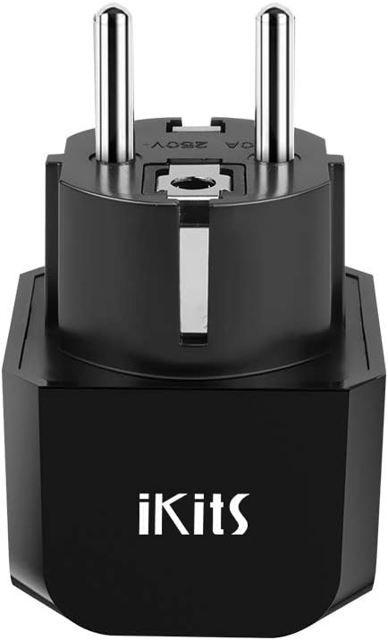 IKITS European Travel plug Adapter, EU to US Adaptor - For Americans, Canadian, Japanese Travel to Type C Countries - Spain, Israel, Italy, France Ultra Compact & Safe Charger Convert Plug, Black