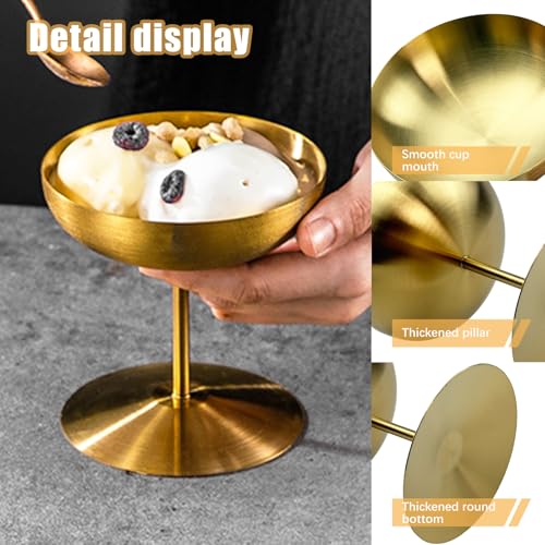 Flylin Ice Cream Cup, Stainless Steel Dessert Dish Sauce Bowls Cups for Salad Fruit Pudding, Round Tall Footed Yogurt Snack Candy Cups for Christmas Party (Gold, 150ml)