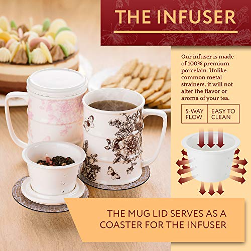 The Tea Couple Tea Infuser Mug (Set of 2) 14 oz.Vintage Porcelain Tea Cups with Ultra-Fine Mesh for Steeping - 2 ,Non-Slip Drink Coasters - Reusable Home & Office Drinkware (Vintage Butterfly) - Thumbnail 4