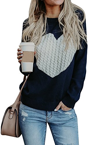 Bbalizko Womens Casual Pullover Sweater Long Sleeve Crew Neck Heart Printed Knit Sweater Tunic Tops