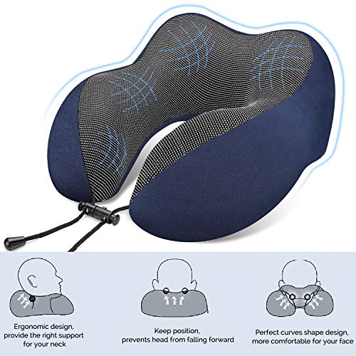 OYRGCIK Travel Pillow, 100% Pure Memory Foam Neck Pillow, Soft & Breathable Cotton Cover, Machine Washable Airplane Travel Kit U Shaped Pillow with 3D Contoured Eye Mask, Earplugs, Travel Bag, Blue