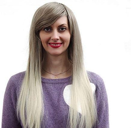 28" 2 Tones Synthetic Wig Ombre Hand Tied White Wig Brown Roots Heat Resistant Fiber Hair
