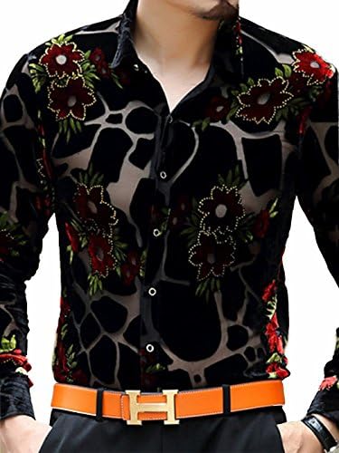 Bestmail Mens Slim Floral Print Long Sleeve Velvet Dress Shirts
