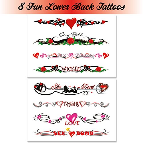 8 Large Sexy Naughty Temporary Tattoos for Women Ladies - Adult Fun for Lower Back Legs Arms Stomach