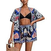 TUREAU Women Boho Tropical Print Beach Cover Up Shorts Set 2 Piece Summer Lounge Outfit Lightweight Swimwear Matching Outfit