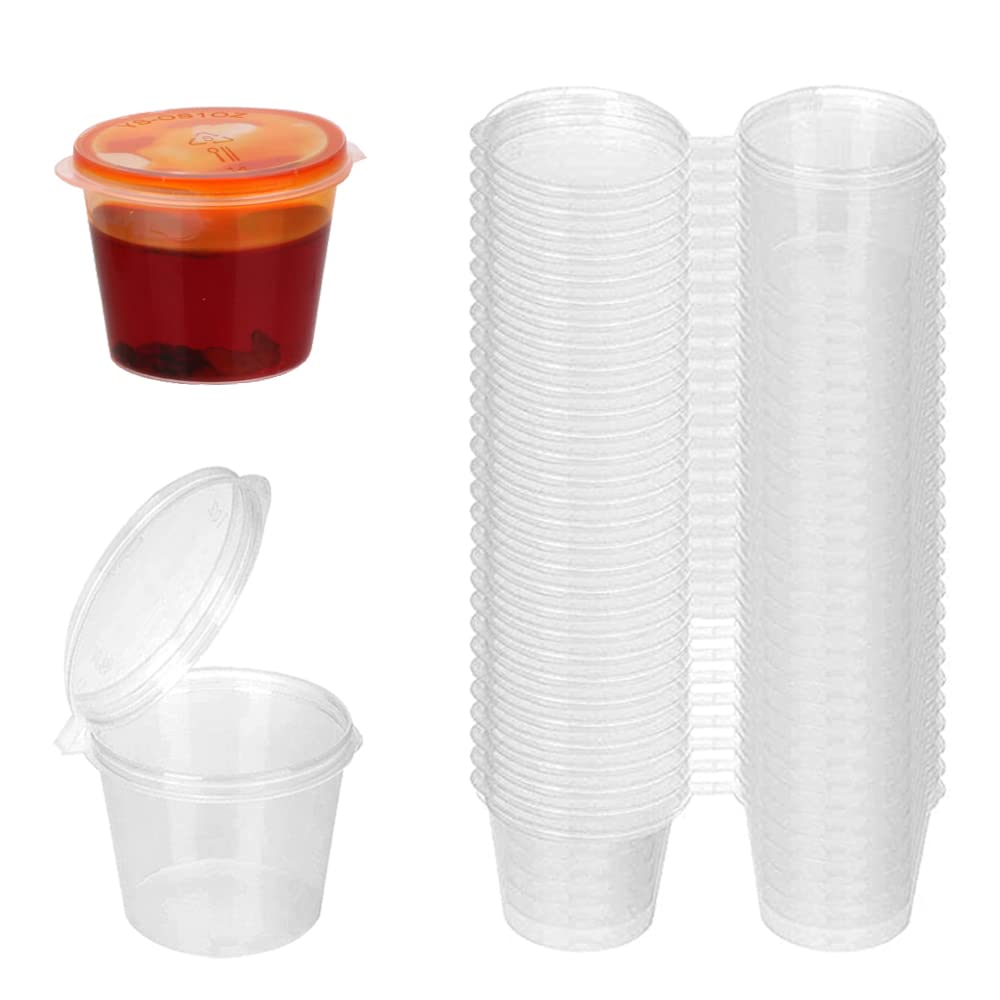 Coolon 1oz 50 Pieces Small Plastic Containers with Lids, 25ml Small Sauce Pots Plastic Pots Reusable Jelly Pots for Sauce Dips Salads