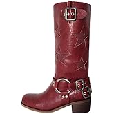 KISTANIA Women's Knee High Riding Boots Square Toe Chunky Heel Fashion Buckle Belts Cowboy Cowgirl Moto Boots with Stars