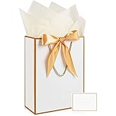 Gfractolux Large Gift Bags, 1 Pack Gift Bags with Tissue Paper and Cards, Gift Bags with Handles for Birthdays, Baby Shower, Weddings, Party Favor, Holiday Presents 9.8"X 12.6" X 4.3" White-Gold