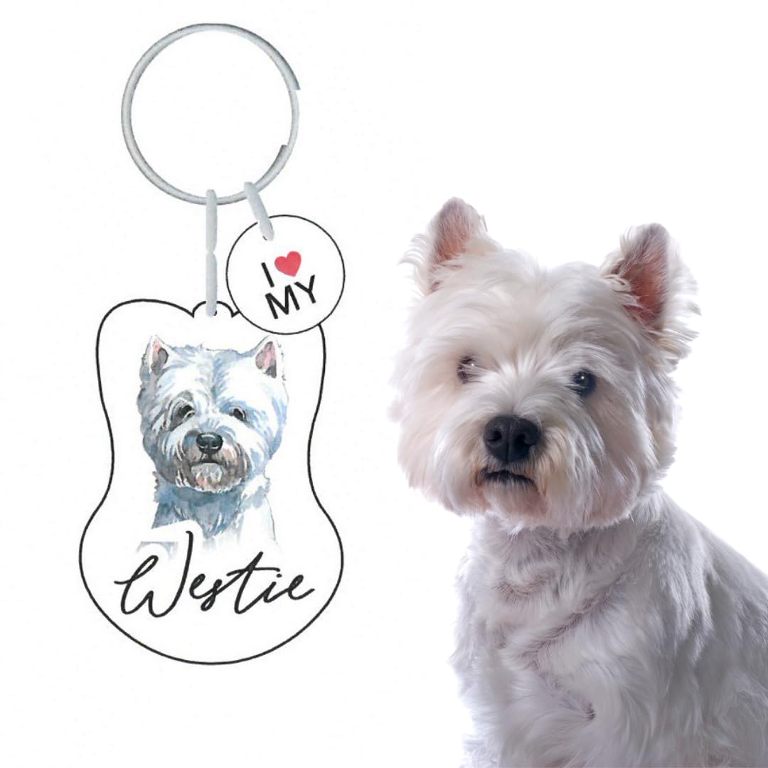 Splosh Westie Keyring. Personalised Dog Key Ring. Westie Themed. Unisex Adults. White