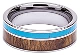 Tungsten Ring Inlaid with 100% Natural Koa Wood and Solid Turquoise - Extremely Unique - 8mm Wide - Wedding, Engagement, or Promise Ring - By Woodie Specs