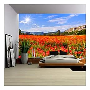 Digital Artwork in Watercolor Painting Style. Blossom Field of Poppies in Spring - Removable Wall Mural | Self-Adhesive Large Wallpaper - 66x96 inches