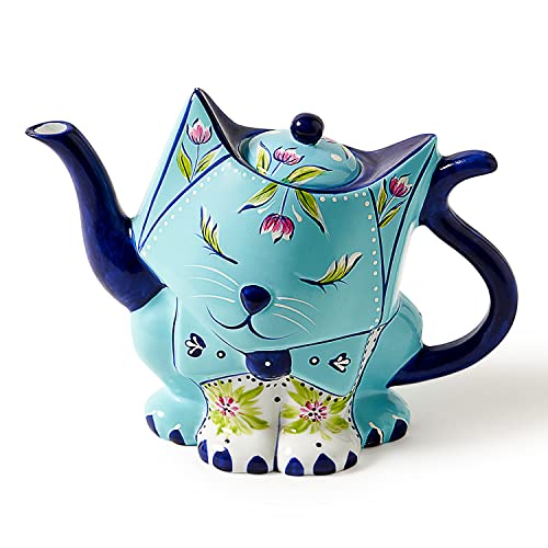 Toptier Cat Teapot, Ceramic Home Decor for Office Bookshelf TV Stand Living Room, Gifts for Women, Decoration for Shelf Table, Vase Statue Tea Pot for Flower, 28 oz, Vintage Blue