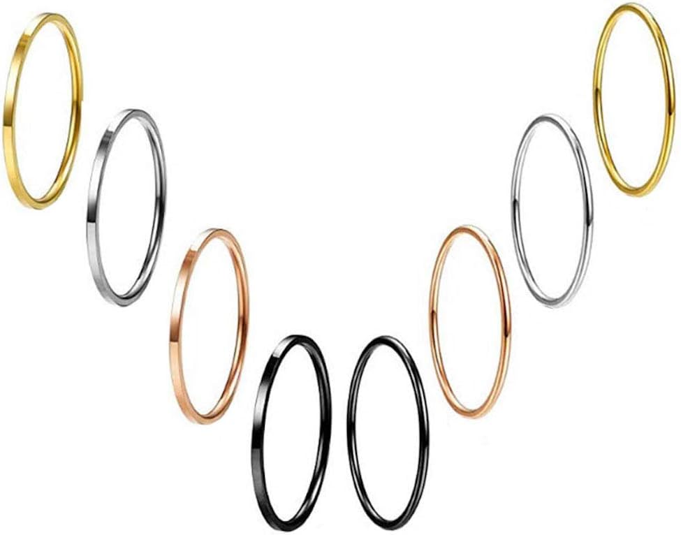 Fsmall 8 Pcs Multi-Color Stainless Steel Stackable Rings for Women Girls Thin Flated/Domed Plain Band Knuckle Stacking Midi Rings Comfort Fit