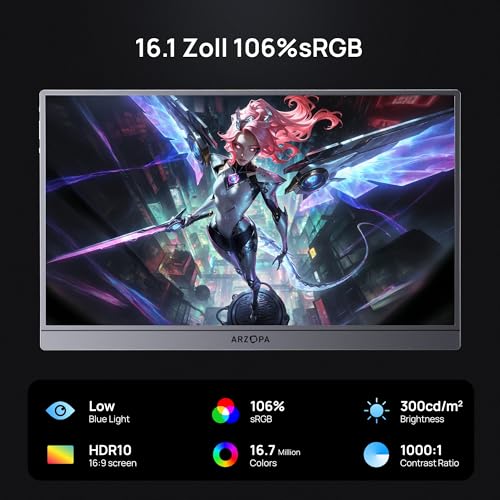 ARZOPA 16.1 Inch 144Hz Portable Monitor with Storage Bag, 106% sRGB FHD 1080P 144Hz Gaming Monitor, Ultra Slim - Eye Protection, External Second Screens for Laptop/PC/Mac/PS5/Xbox - Z1FC Grey