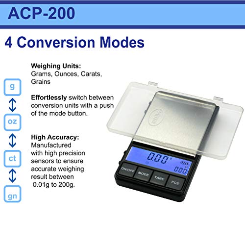 American Weigh Scales AC Pro Series Digital Pocket Weight Scale, Black, 200 x 0.01G (ACP-200) - Thumbnail 3