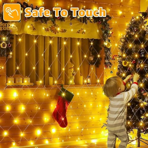Joycome Outdoor Christmas Light Net 3 x 2 m 200 LED Net Lights with Plug, Timer, 8 Modes Christmas Tree Lights Waterproof Light Curtain for Balcony Garden Ceiling Terrace – Warm White