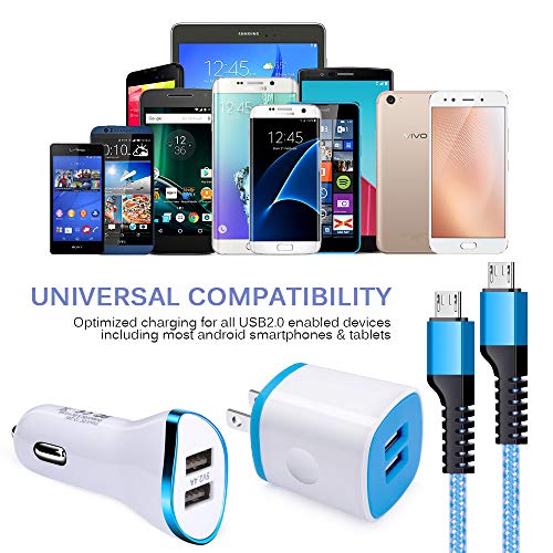 Android Phone Wall Charger Car Adapter Micro Cable Set, Amtobo Fast Charging Plug Cube Car Charger Flush Fit with 2-Pack USB Micro Cord Compatible for Samsung Galaxy S7 S6 Edage, HTC, Kindle, PS4, MP3