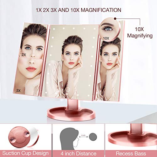 Makeup Mirror with 10X 3X 2X 1X Magnification, Touch Screen Trifold Vanity Mirror 22 LED Cosmetic Lighted Up Mirror, Dual Power Supply