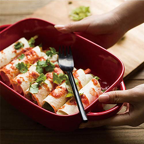 13.3-Inch Ceramic Glaze Baking Dish for Oven Roasting Lasagna Pan Large Casserole Bakeware with Handle Rectangular Dish, Red