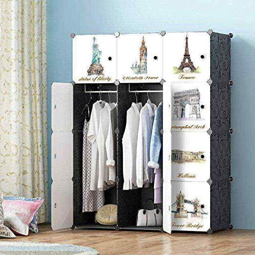 Portable Wardrobe Closet, Modular Storage Organizer, Space Saving Armoire, Deeper Cube With 2 Hanging Rod 12 cubes