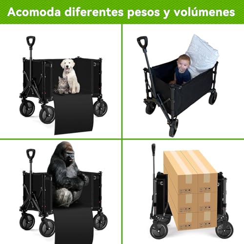 SAFONUS Carrito Plegable con Ruedas Giratorias y Puerta Lateral - Portátil para Carga Extra Larga hasta 150 Kg, Plegado Fácil por Mujeres Adultas, Transporte de Mercancías, Niños y Mascotas (Negro)