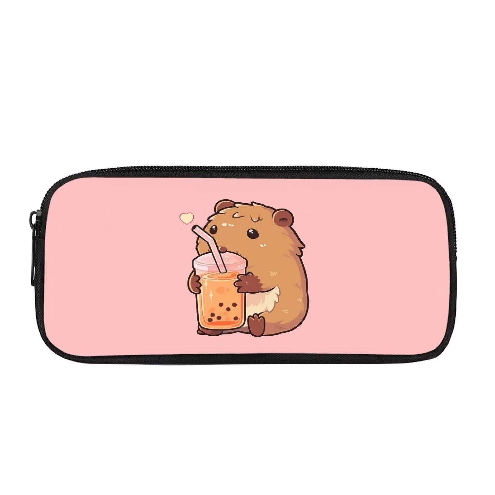 Showudesigns Capybara Pencil Cases for Girls School Supplies Stationery Pens Bag Childrens Coin Purse Hamster with Milk Tea Designs Pink — image 1