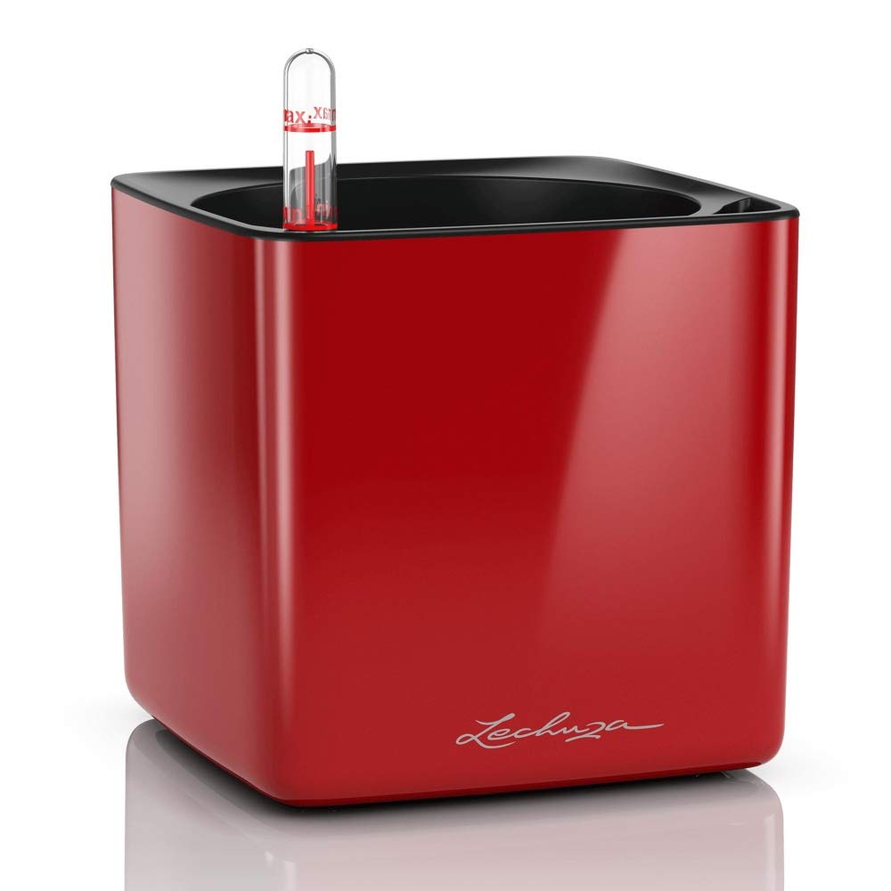 LECHUZA Self Watering Plant Pots Indoor CUBE Glossy 14 Small Plastic Planter without Drainage Hole H14 L14 W14 cm Red High-Gloss — image 1