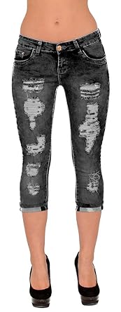 ESRA Damen Capri Jeans Hose mit Risse Damen Kurze Jeans mit Blumenstickerei Hose Capri bis Übergröße 50# J324