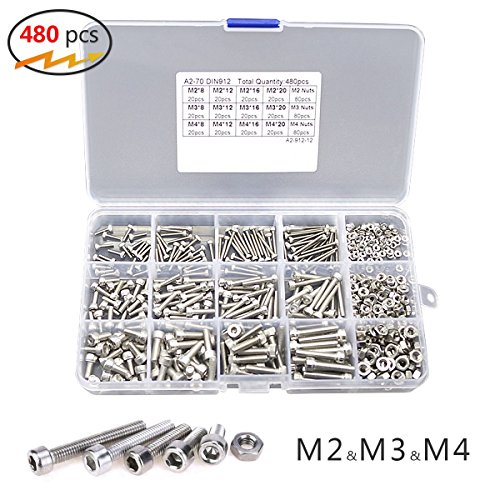 480 Pcs M2 M3 M4 Stainless Steel Full Thread Hex Socket Cap Head Screws Fastener Screws Nuts Assortment Kit 304 Stainless Steel with High Hardness of the Transparent Plastic Box