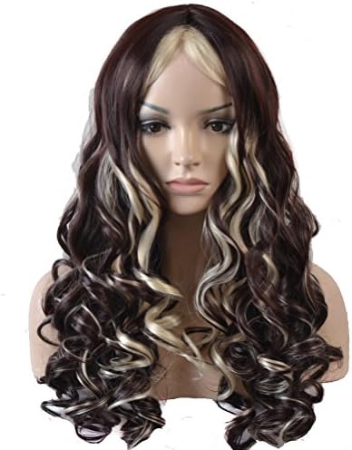 TKEKON Long Curly Full Head Brown Mix Blonde Natural Curly Wigs for Cosplay Costume Party Come with Wig Cap (Brown/Blonde)