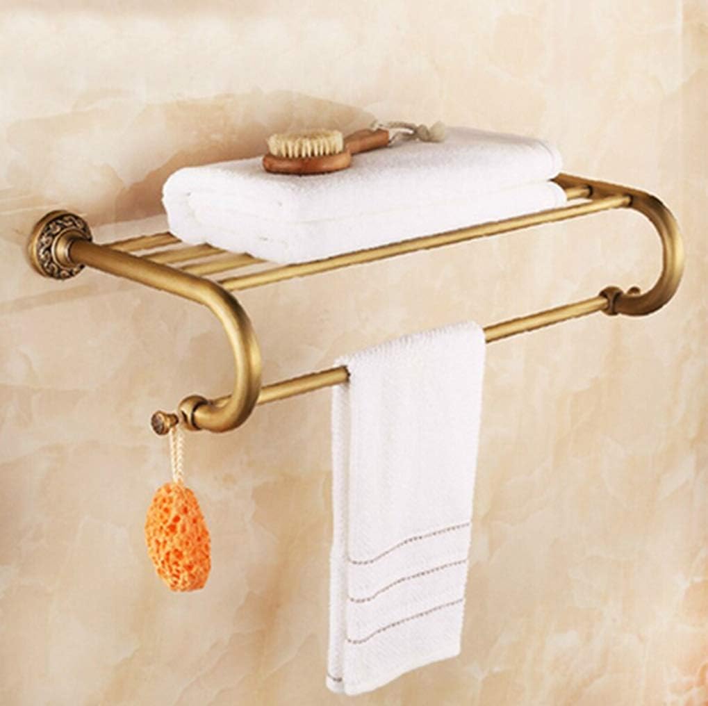 CBXSF Antique Brass Art Carved Wall Mounted Double Tier Towel Rack Total Brass Material Europe Style Bathroom Shelves Bathroom Accessories Towel Rail
