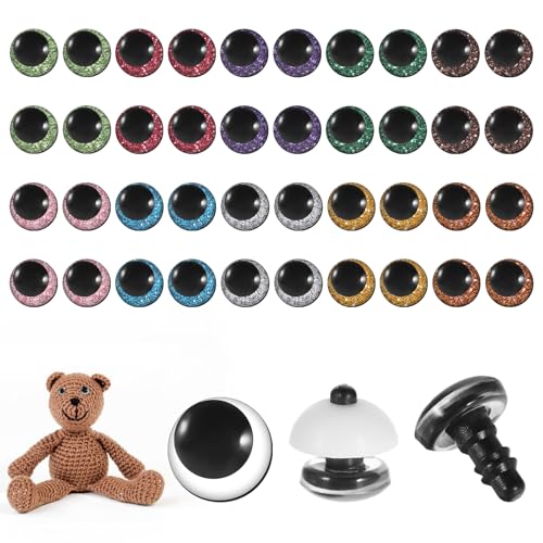 BOHUIZ 120 Pcs 3D Glitter Eyes for Crochet Animals, 12mm Plastic Safety Eyes for Amigurumi with Washers Craft Crochet Doll Eye for Plush Toy Teddy Stuffed Animals DIY Gifts Doll Decorations