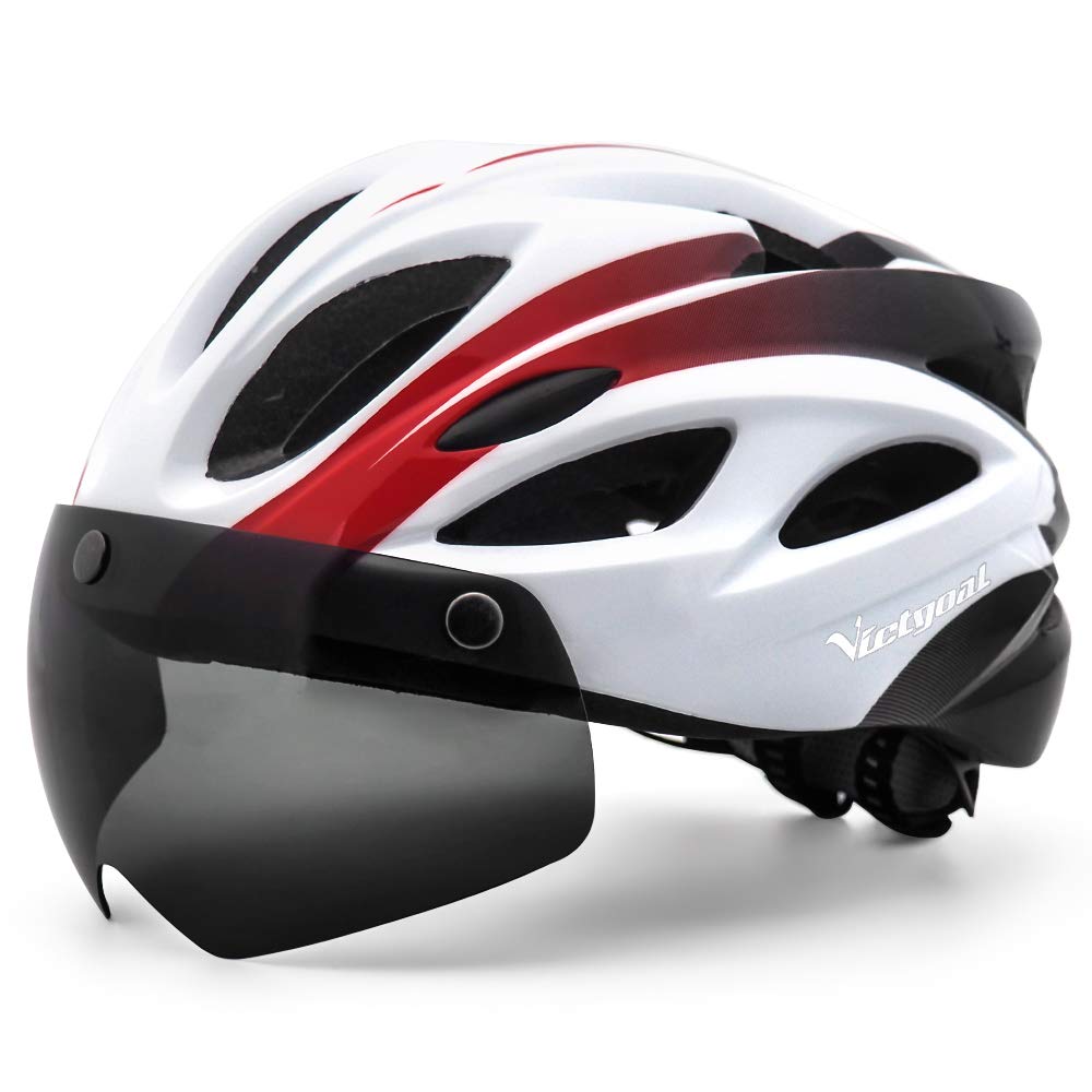 Victgoal Adults Bike Helmet for Men Women Detachable Magnetic Goggle Visor Bicycle Helmet with LED Rear Light Cycling Road Mountain Cycle Helmet (White Black) — image 1