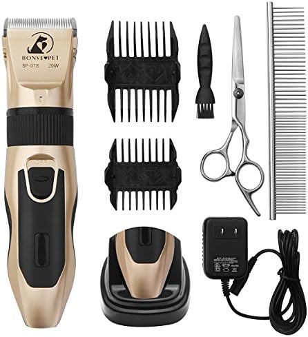 Dog Grooming Clippers - Cordless Quiet Pet Hair Clippers Trimmer Rechargeable with Stainless Steel Blades Dog Comb Shears Best Professional Hair Clipper Set for Dogs Cats Pets Long Short Hair,Gold