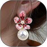 Retro Enamel Flower Pearl Dangle Earrings for Women Dripping Oil Floral Ball Drop Earrings Petal Bead Dangling Earrings Lightweight Jewelry Gifts