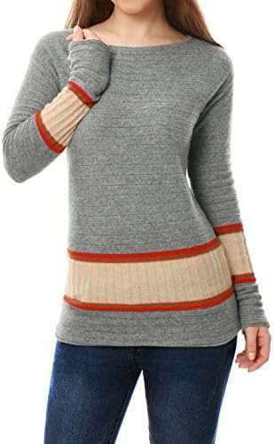 Women 100% Pure Cashmere Jersey Contrast Ribbed Knit Boat Neck Sweater