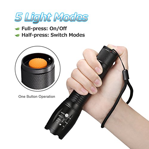 WdtPro LED Flashlight, Portable High lumens Tactical Flashlight with Adjustable Focus and 5 Light Modes, Water Resistant for Camping, Hiking